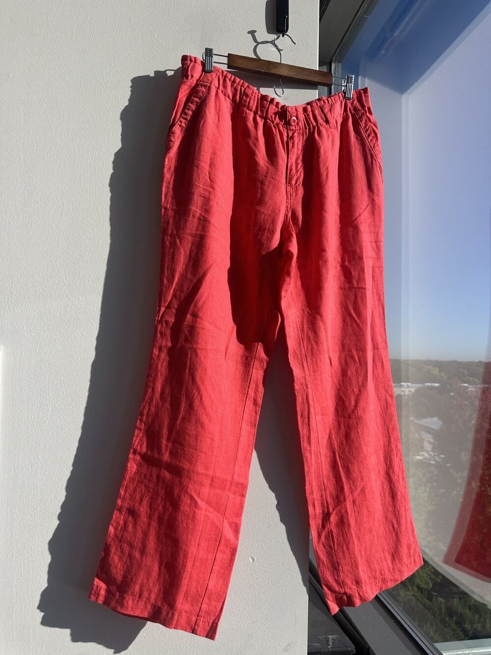 London Jean 100% Linen Breezy Coastal Red/Orange Straight Wide Leg Sz 16